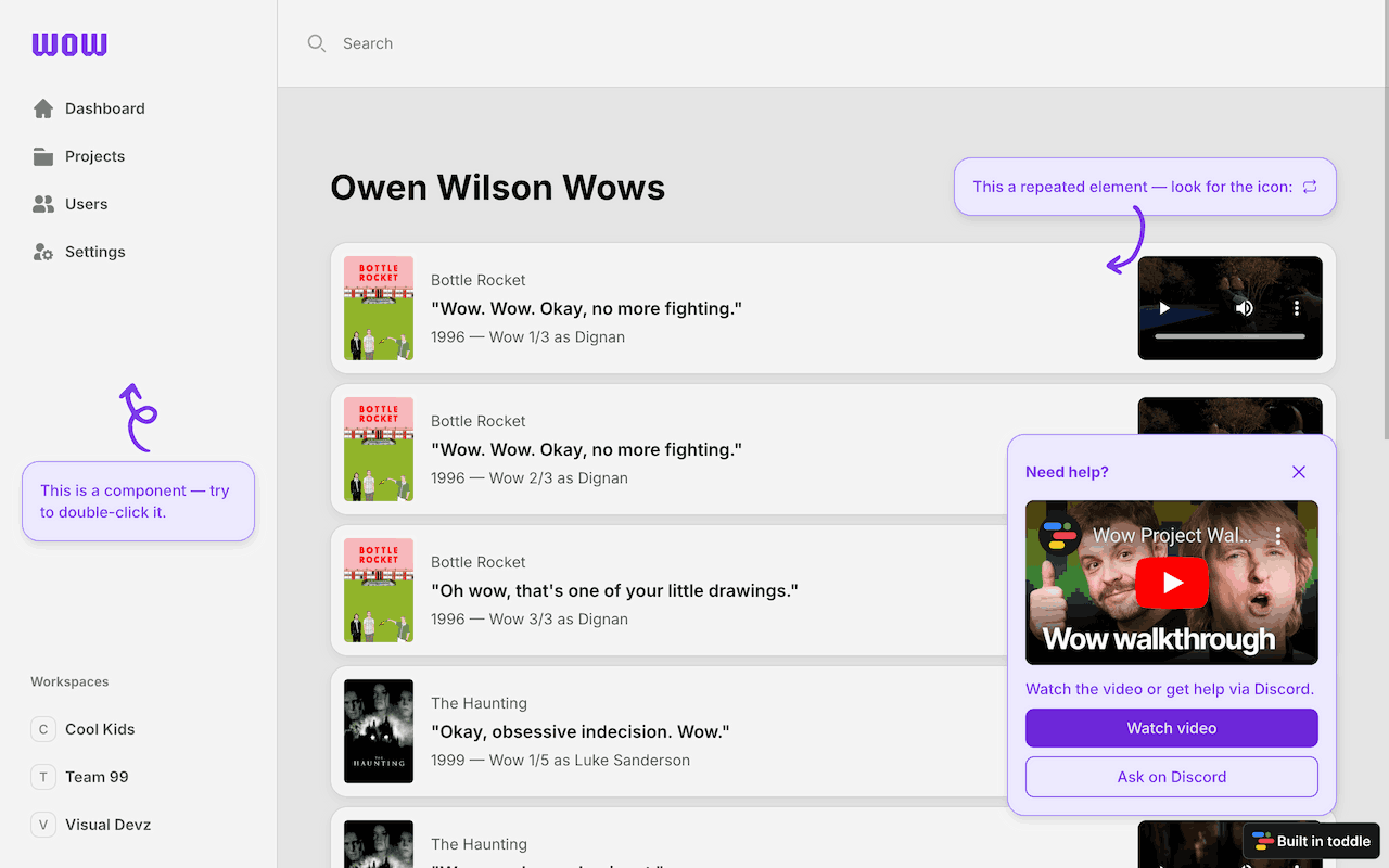 Interface of the Owen Wilson Wow Dashboard toddle app