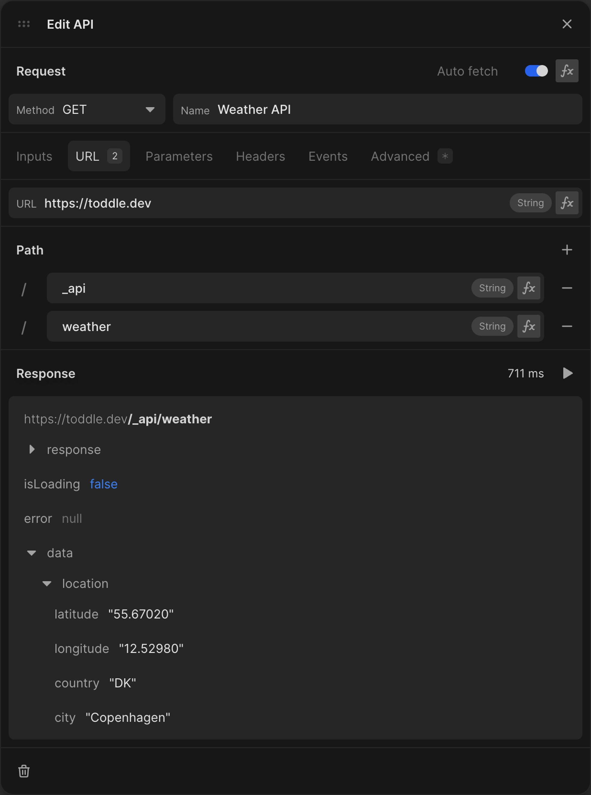 API interface of toddle